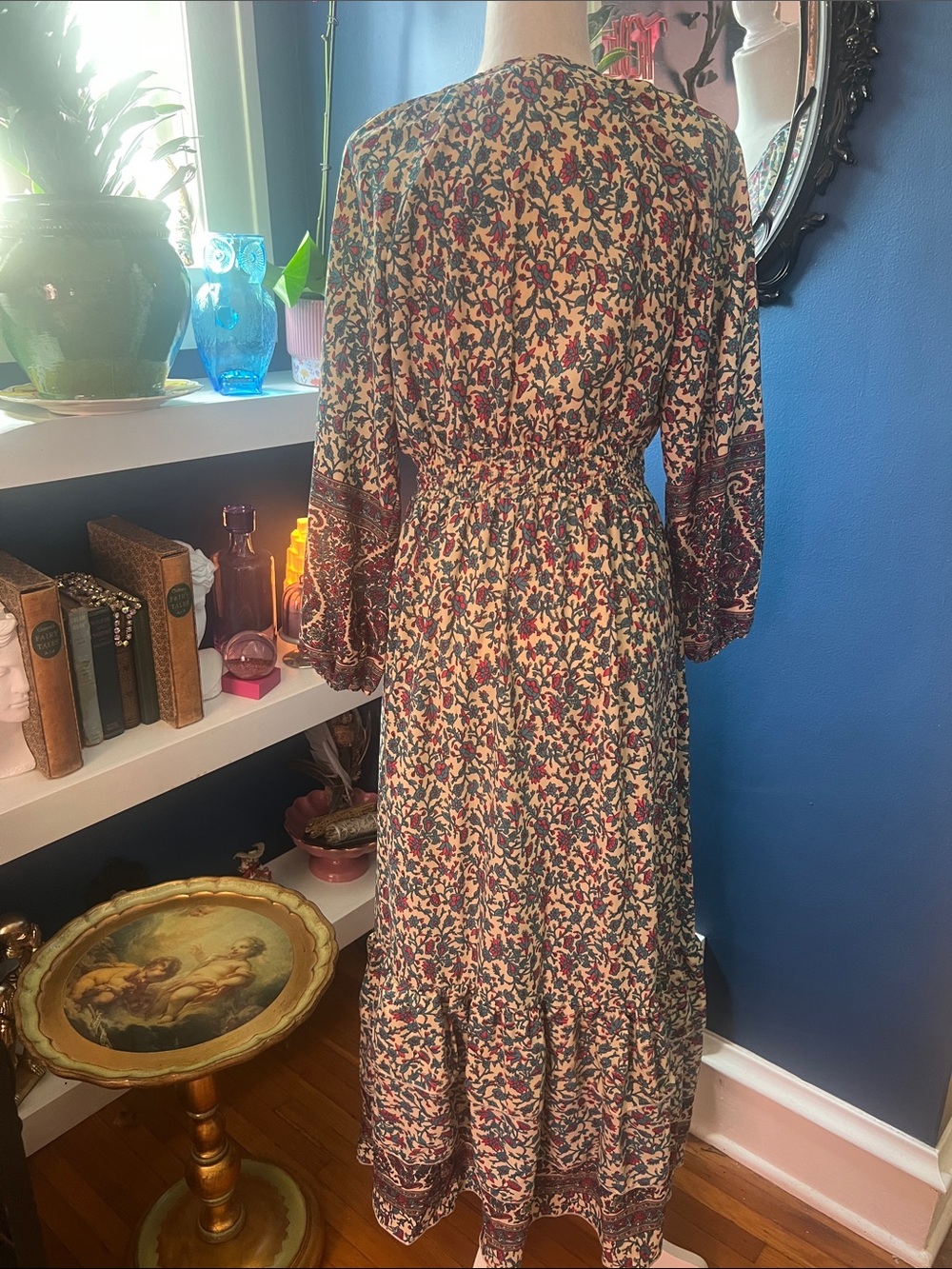 Anthropologie boemo Boho Tie-Front Maxi Dress in Teal Burgundy Floral - Picture 3 of 7